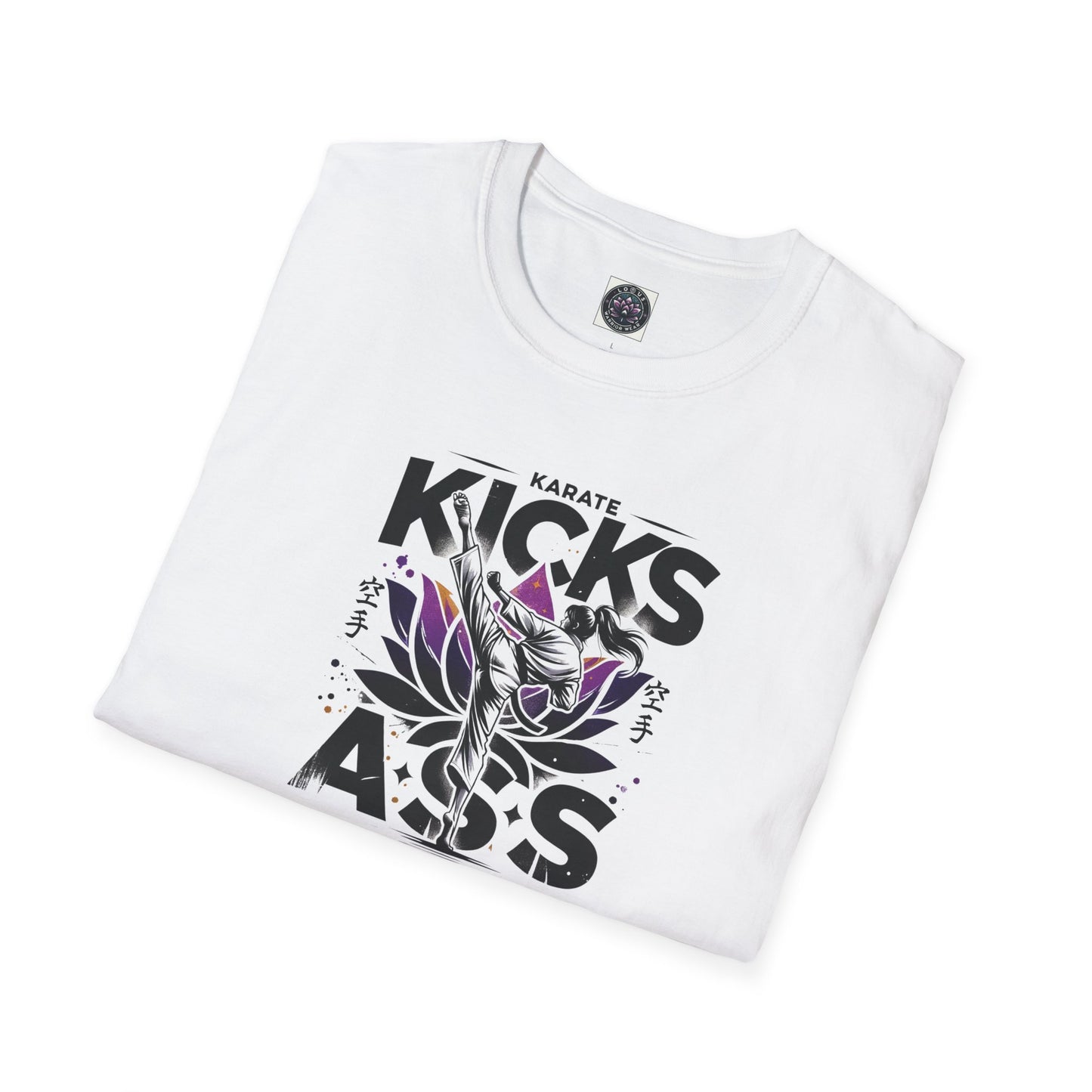 Karate Kicks Ass T-shirt for women martial artists, showcasing bold karate-inspired design. Perfect for female fighters, karate enthusiasts, and empowerment clothing fans.
