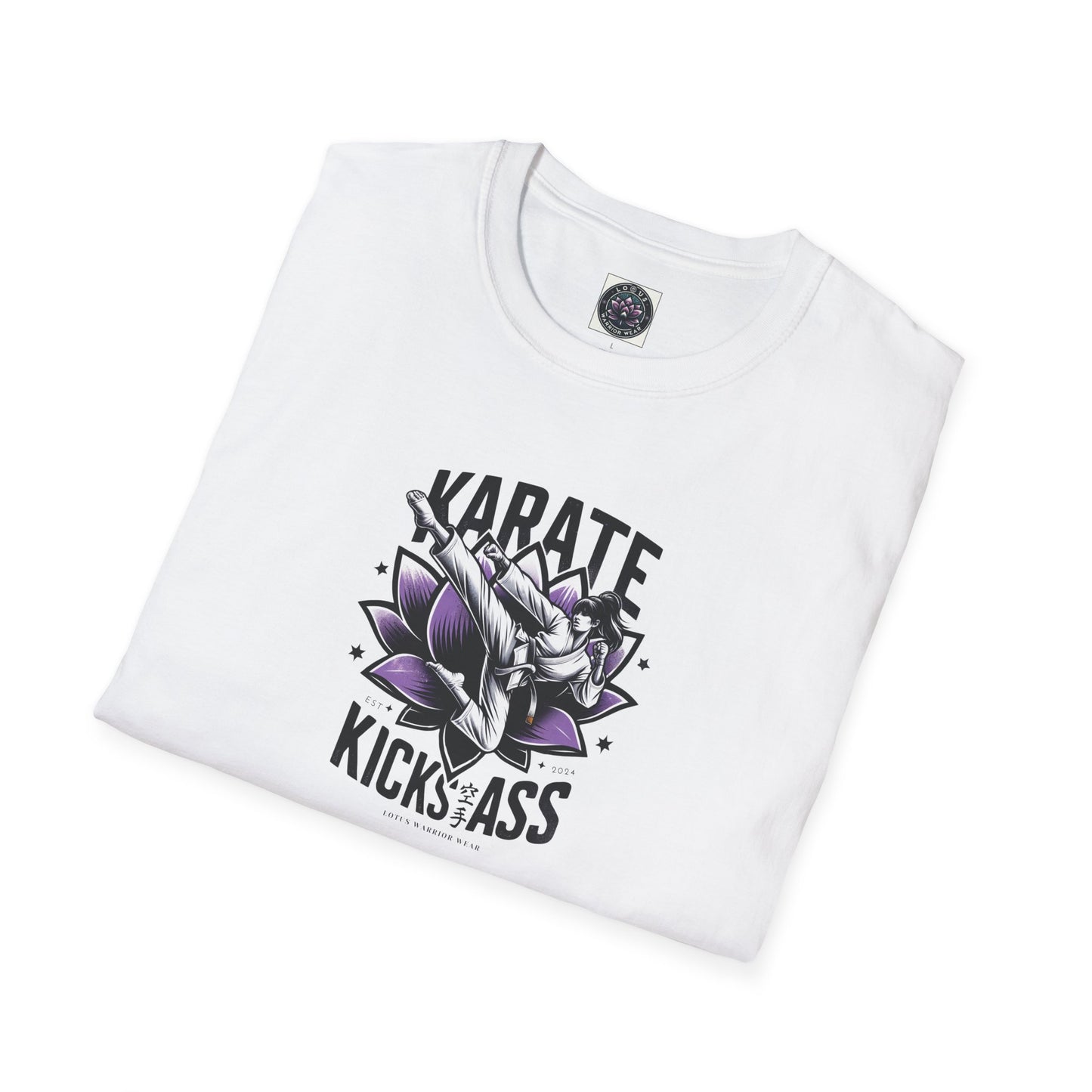 Karate Kicks Ass T-shirt for women martial artists, showcasing bold karate-inspired design. Perfect for female fighters, karate enthusiasts, and empowerment clothing fans.