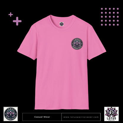 Lotus Warrior Wear logo T-shirt for women in martial arts, empowering casual apparel showcasing strength, resilience, and sisterhood. Perfect for fighters and martial arts enthusiasts.