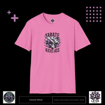 Karate Kicks Ass T-shirt for women martial artists, showcasing bold karate-inspired design. Perfect for female fighters, karate enthusiasts, and empowerment clothing fans.