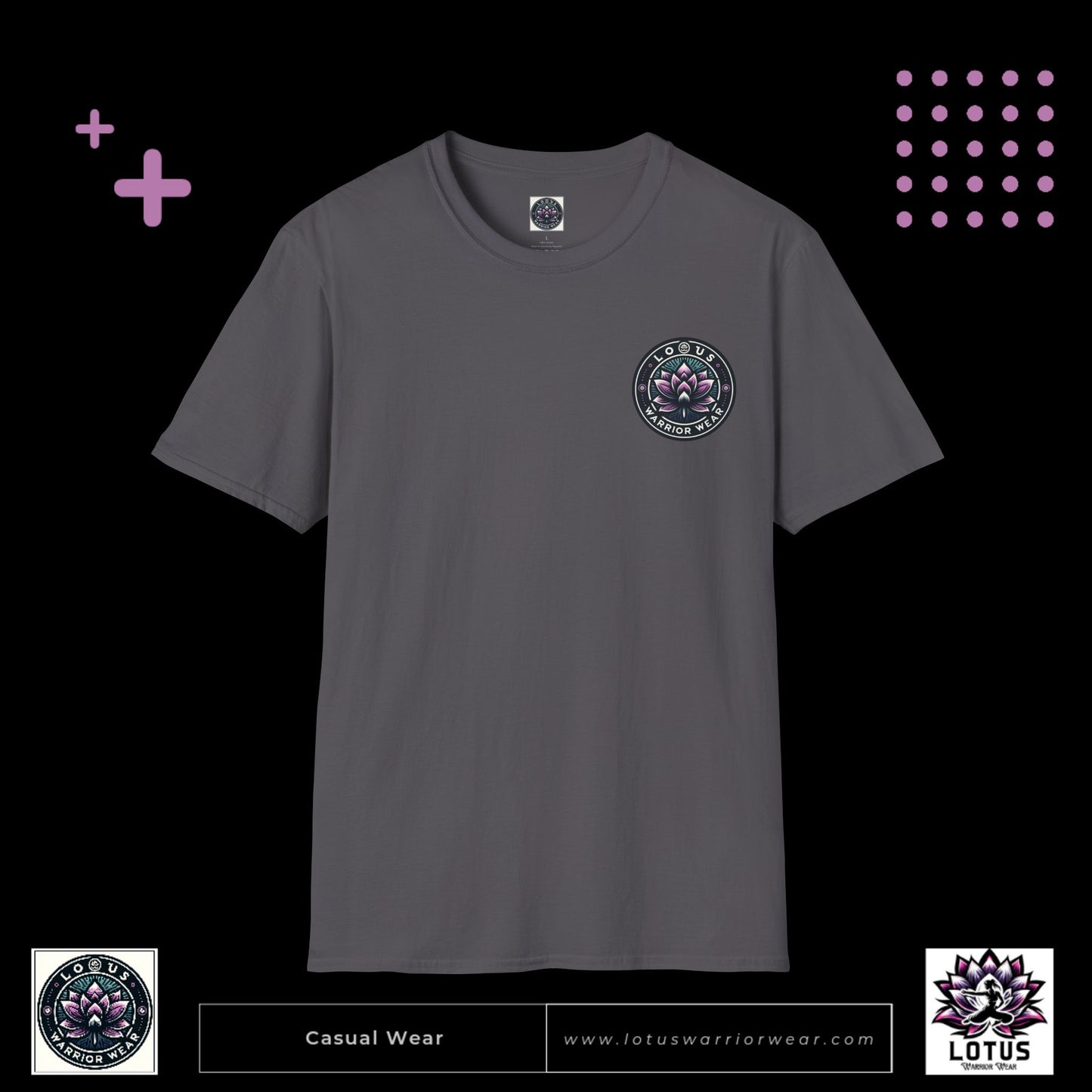 Lotus Warrior Wear logo T-shirt for women in martial arts, empowering casual apparel showcasing strength, resilience, and sisterhood. Perfect for fighters and martial arts enthusiasts.