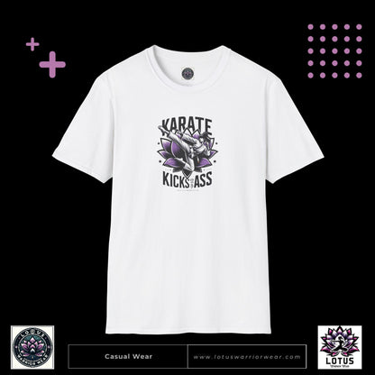 Karate Kicks Ass T-shirt for women martial artists, showcasing bold karate-inspired design. Perfect for female fighters, karate enthusiasts, and empowerment clothing fans.